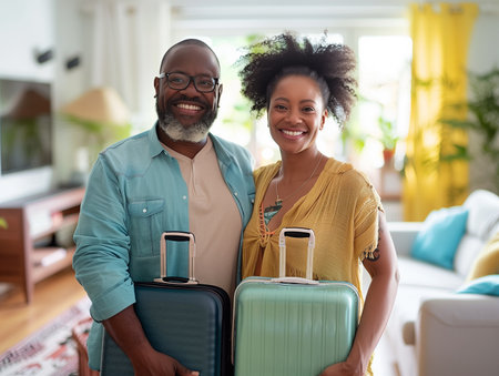 portrait of happy African American couple with suitcases at homeの素材