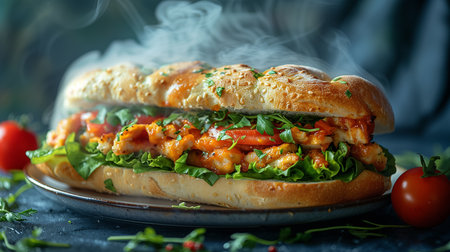 Sandwich with salmon, arugula and tomatoes on dark backgroundの素材