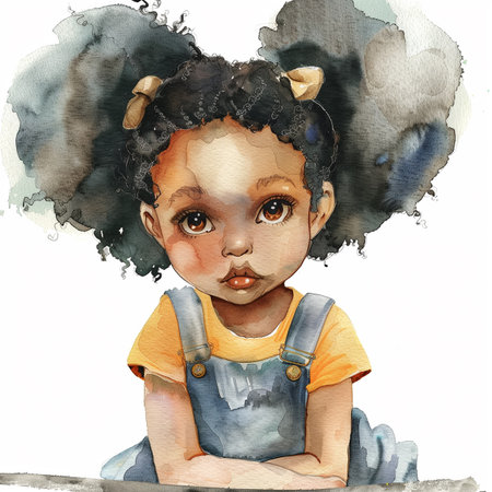 Cute african american girl with curly hair. Watercolor illustration.の素材