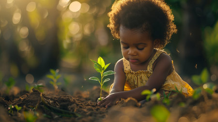 African american little girl planting a tree in the garden at sunsetの素材