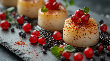 Delicious dessert with currents and currents on table, closeupの素材