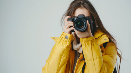Girl in a yellow jacket with a camera in her hands on a gray backgroundの素材