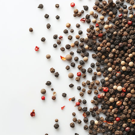 Black, white and red peppercorns on a white background.の素材