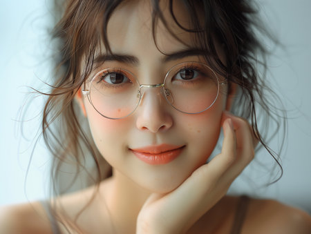 Portrait of beautiful young Asian woman with long hair and glassesの素材