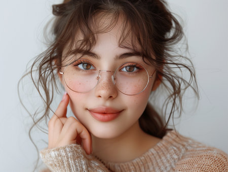 Portrait of a young beautiful girl in glasses on a gray background.の素材