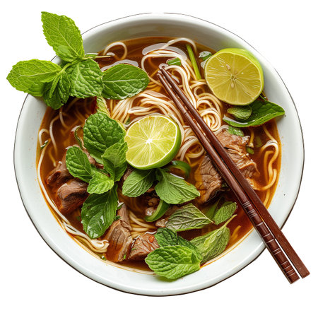 Bowl of Asian noodle soup with beef, lime and mint isolated on transparent background.の素材