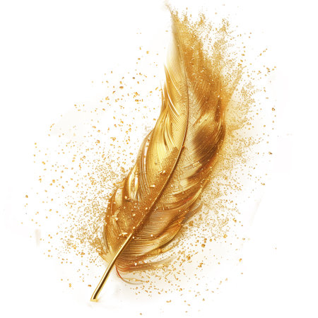 Golden feather isolated on white background. Top view. Flat lay.の素材