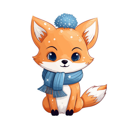 Cute orange fox wearing a cozy blue winter hat and scarf. Vector illustration.のイラスト素材