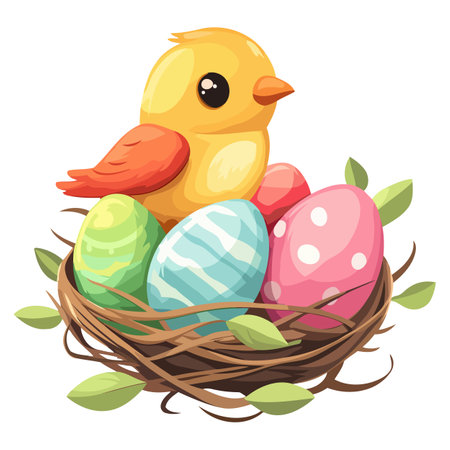 Charming Chick in Nest with Eggsのイラスト素材