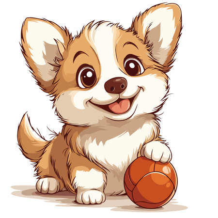 Adorable Corgi Puppy Sitting With Ballのイラスト素材