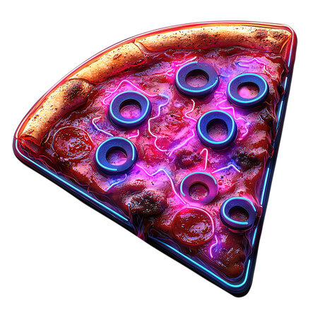 Triangular pizza slice with neon glowing toppingsの素材