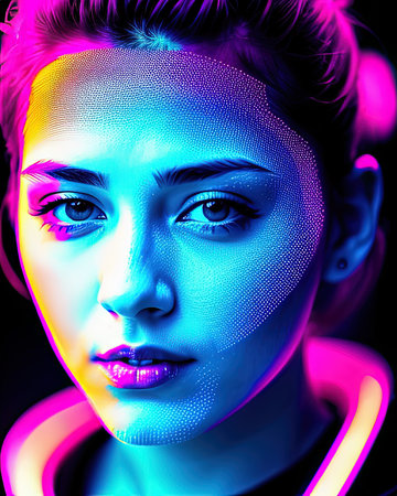 Neon portrait of woman with cyber pop lightingの素材