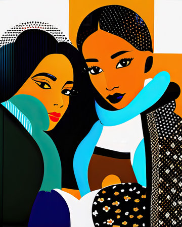 Colorful abstract portrait of two women in patternsの素材