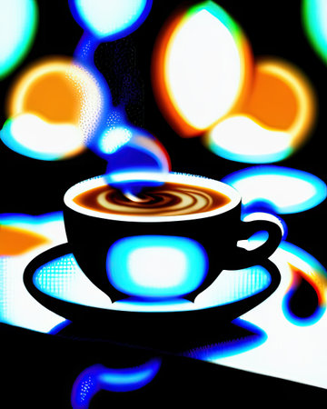 Cup of coffee on the black background with colorful bokehの素材