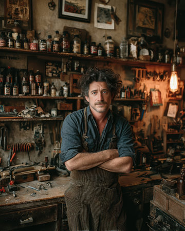 Portrait of a craftsman standing in his workshop with crossed armsの素材