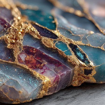 Gemstone cluster with turquoise and gold inclusionsの素材