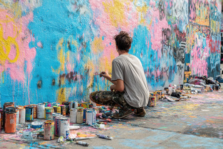 A graffiti artist painting on the street in Bangkok.の素材