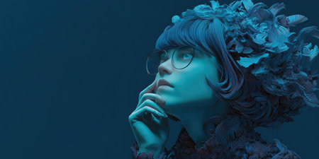 Portrait of a beautiful woman with blue hair and glasses. 3d renderingの素材