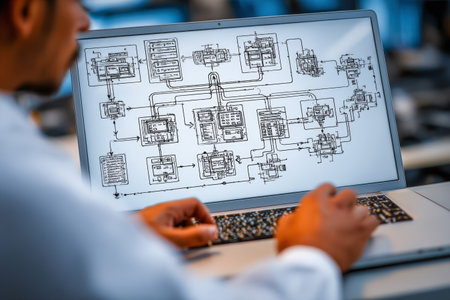 Engineer reviewing system architecture diagrams on laptopの素材