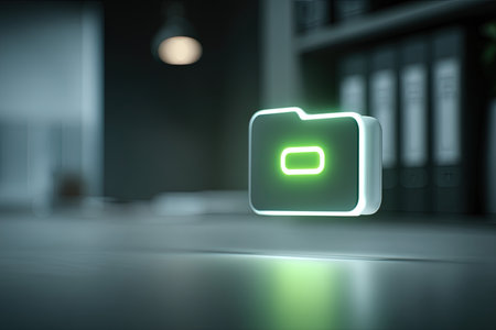 Neon folder icon glowing on blurred desk backgroundの素材