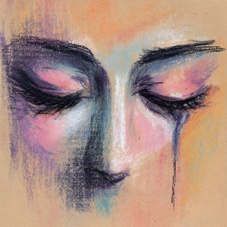 Abstract pastel portrait with closed eyes and painted tearsの素材