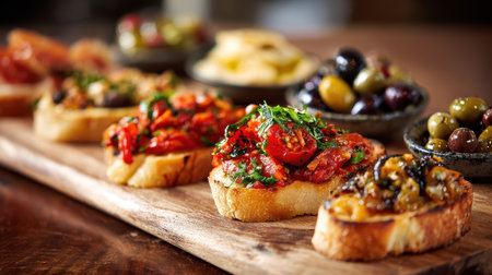 Closeup gourmet crostini with toppings and olivesの素材