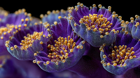 Purple coral polyps with bright yellow stamen-like centersの素材