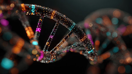 Closeup DNA double helix with sparkling bokeh lightsの素材
