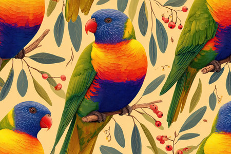 Colorful parrots perched on floral branches with bright plumageの素材