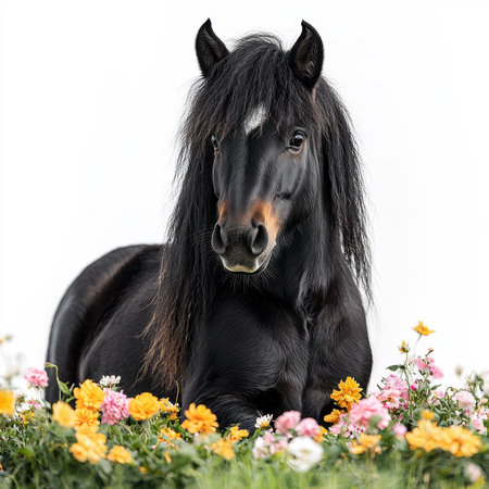 Graceful Black Horse In Field With Flowersの素材