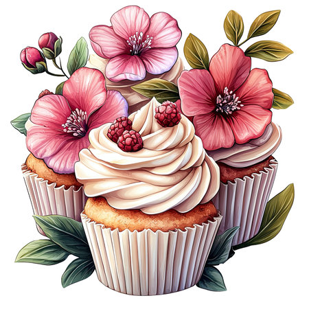 Three Cupcakes With Flower Toppingsの素材