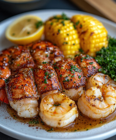 Seafood Medley with Corn and Asparagusの素材