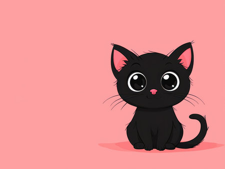 Playful Black Kitten Sitting on Pink Surfaceの素材