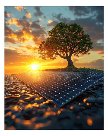 Sunset Over Solar Panel Fieldの素材