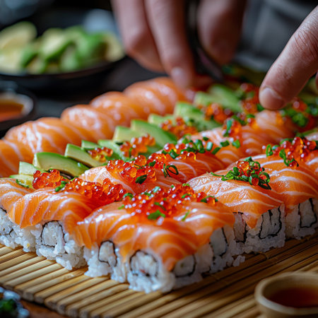 Colorful Sushi Rolls with Fresh Toppingsの素材