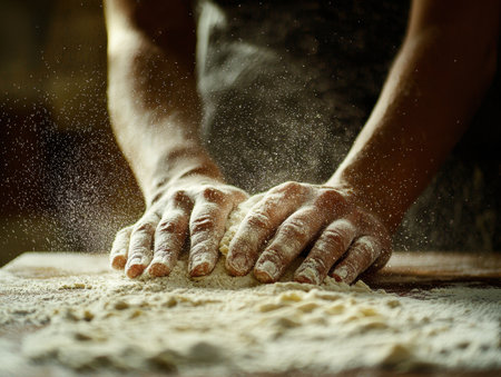 Hands Shaping Dough with Flour in Kitchenの素材