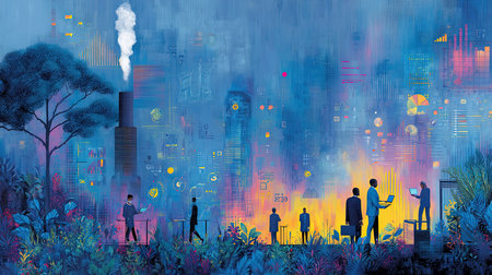 Colorful dreamy cityscape with silhouettes by nightの素材