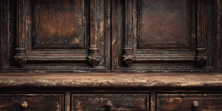 Old wooden shelf in dark room. 3d render illustration background.の素材