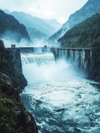 Powerful River Flowing Under Mountain Bridgeの素材