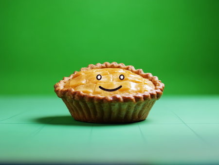 Happy Pie with Smiley Face on Green Backgroundの素材