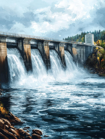 Hydroelectric Dam with Flowing Water in Natureの素材