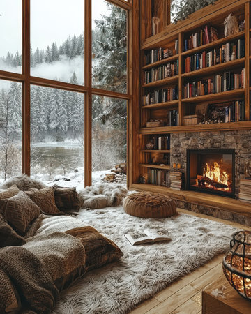 Cozy Living Room with Fireplace and Booksの素材