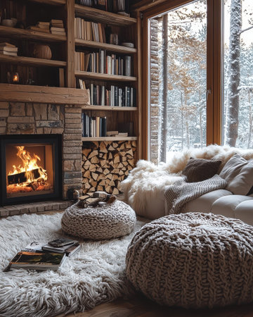 Cozy Reading Nook with Fireplace and Cushionsの素材