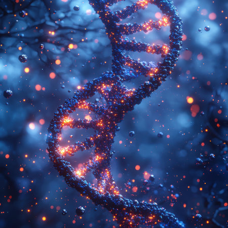 illuminated DNA Strand in Dark Blue Spaceの素材
