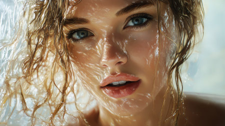 Radiant Young Woman With Wet Hair And Shineの素材