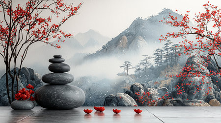 Tranquil Stone Stack With Red Autumn Treesの素材
