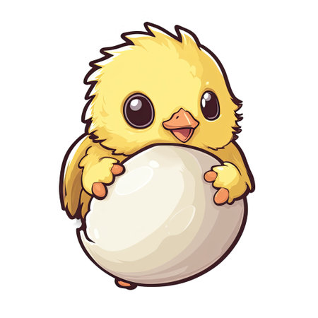 Playful Yellow Chick Holding Big Eggの素材