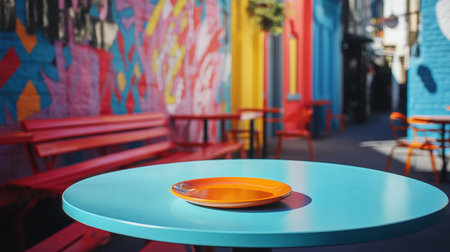 Empty round blue table with orange plate in front of colorful painted wallの素材