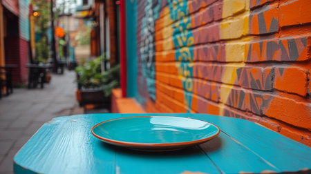 Minimalist dining scene with an empty plate on a rustic wooden table against a colorful graffiti wallの素材