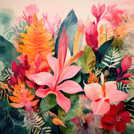 Surreal tropical collage with lush leaves and flowersの素材